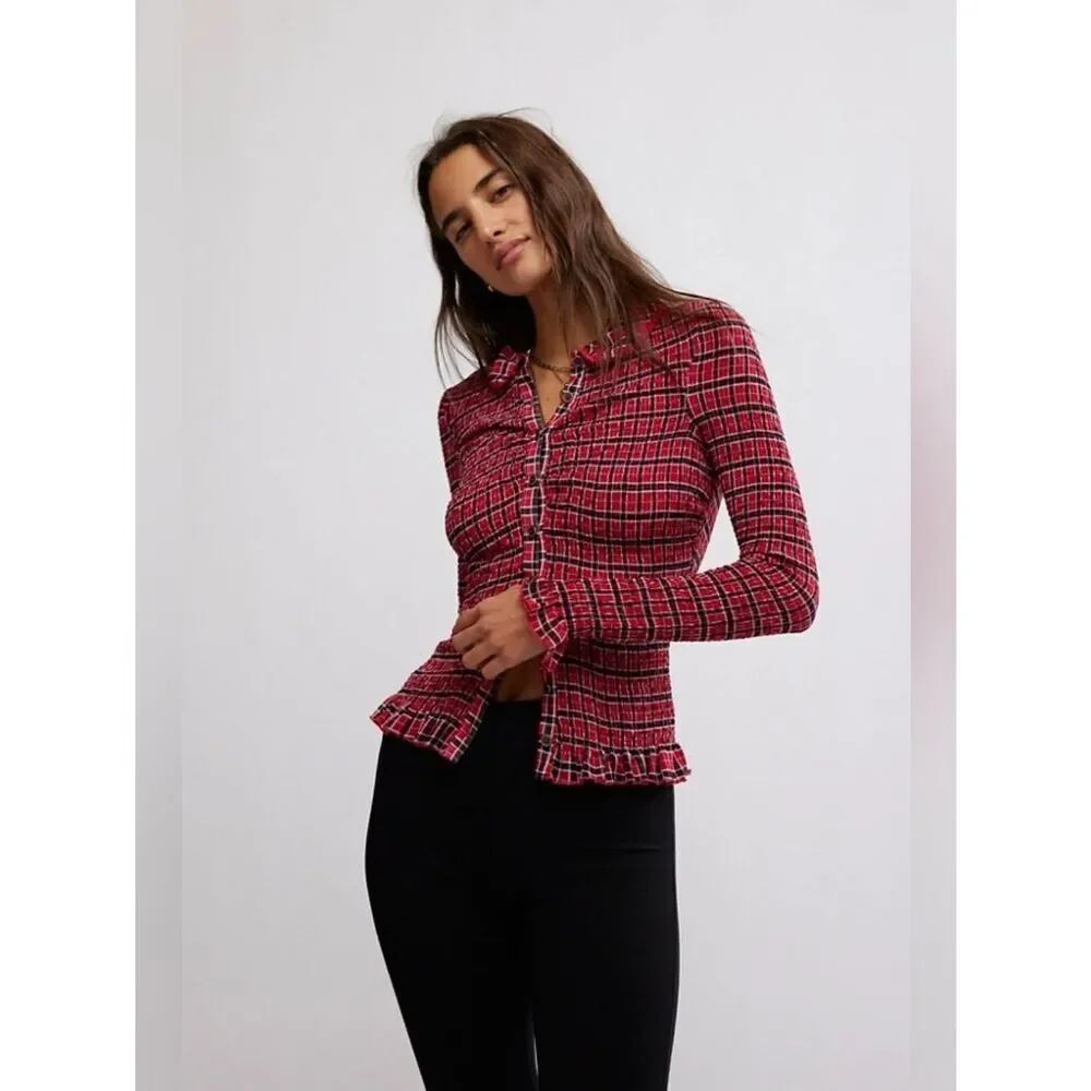 Free People Caught A Feeling Red Plaid Cardigan Button Front Long Sleeve Top